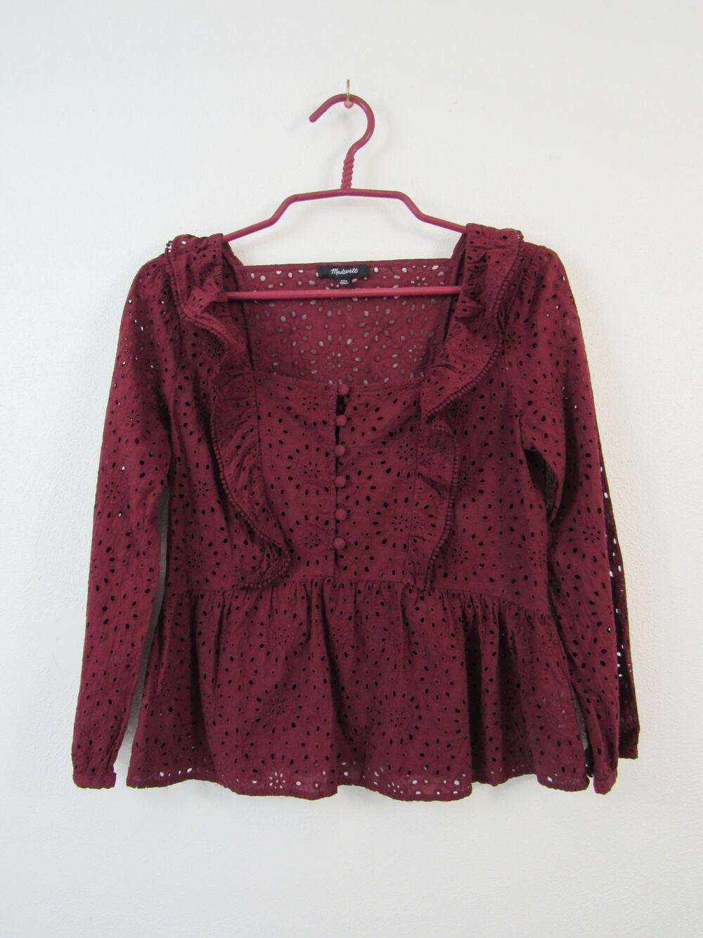 Madewell XXS Eyelet Pom-Pom Top Cabernet Long Sleeve Wine Ruffles
